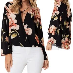YOINS Floral Wrap Top XXL Black Long Sleeve Deep V Neck Blouse Boho